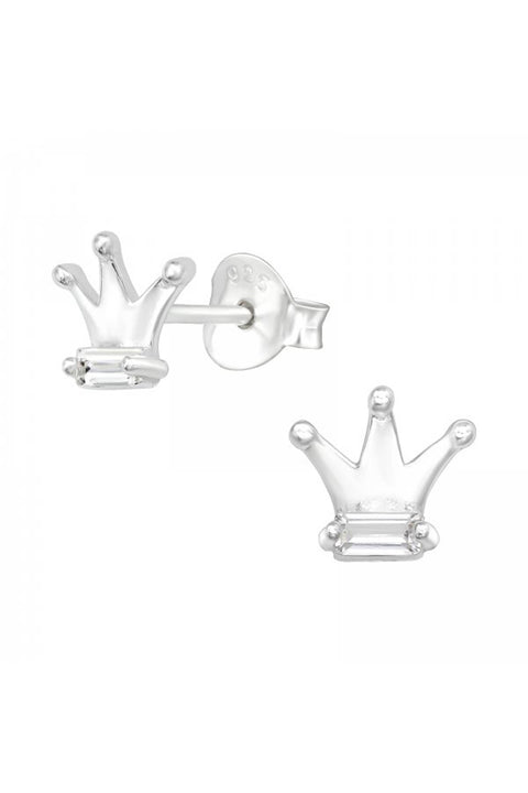 Sterling Silver Crown Ear Studs With Cubic Zirconia - SS