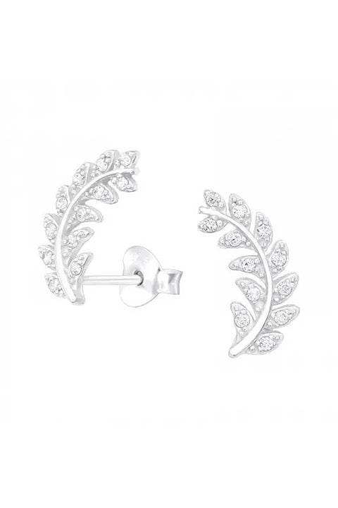 Sterling Silver Olive Leaf Ear Studs With CZ - SS