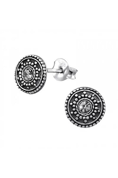 Sterling Silver Antique Round Ear Studs With Crystal - SS