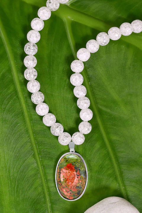 Crystal Quartz Beads Necklace With Unakite Pendant - SF