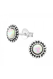 Sterling Silver Round Ear Studs With Snythetic Opal - SS