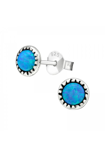 Sterling Silver Round Ear Studs With Opal - SS