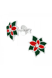 Sterling Silver Holly Ear Studs With CZ and Epoxy - SS