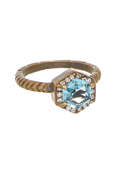 Raw Brass & Sky Blue Crystal Octagon Ring - BR