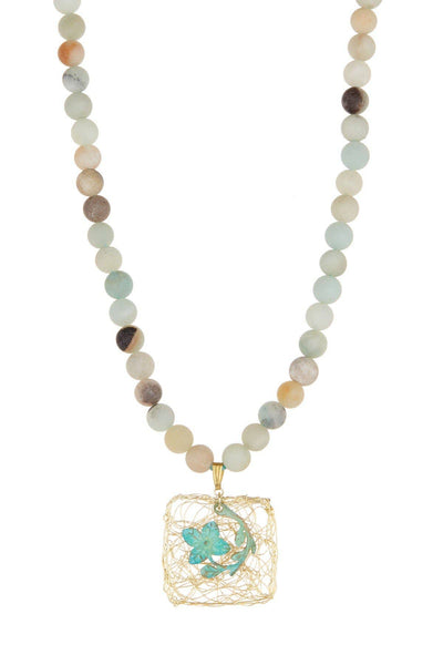 Amazonite Beads & Dogwood Pendant Necklace  - GF