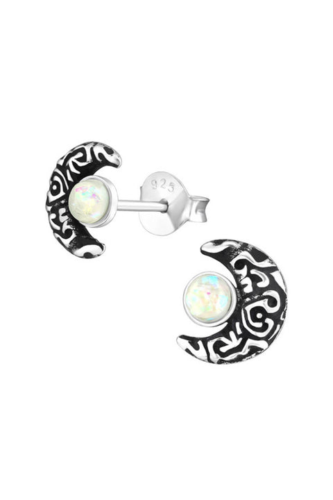 Sterling Silver Moon Ear Studs With Synthetic Opal - SS