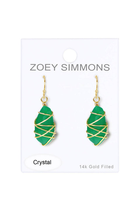 Green Chalcedony Crystal Wire Wrapped Drop Earrings - GF