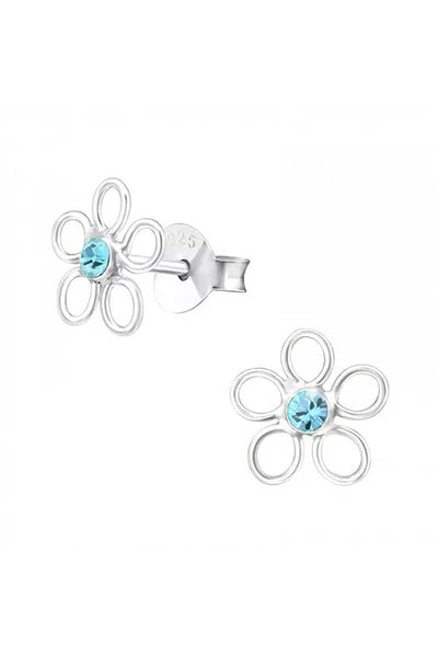 Sterling Silver Flower Ear Studs With Crystal - SS