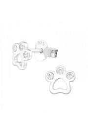 Sterling Silver Paw Print Ear Studs With Cubic Zirconia - SS