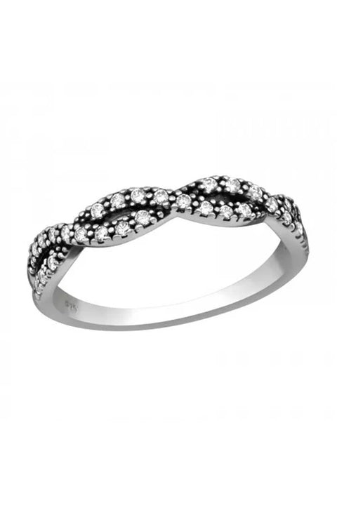 Sterling Silver Woven Band Ring With Cubic Zirconia - SS