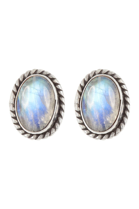 Sterling Silver & Rainbow Moonstone Oval Post Earrings - SS