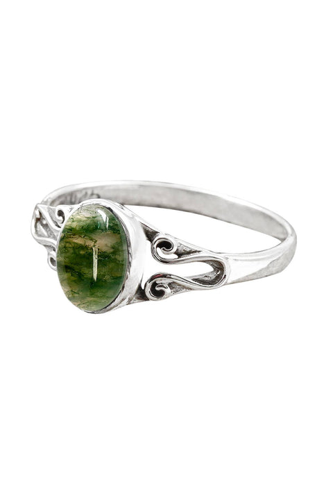 Sterling Silver & Moss Agate Bali Scroll Ring - SS