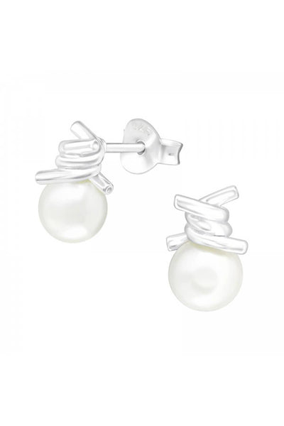Sterling Silver Knot Ear Studs With Synthetic Pearl - SS