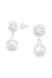 Sterling Silver Crystal Ear Studs With Hanging Pearl - SS