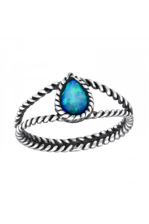 Sterling Silver Twisted Band Ring & Created Blue Opal - SS
