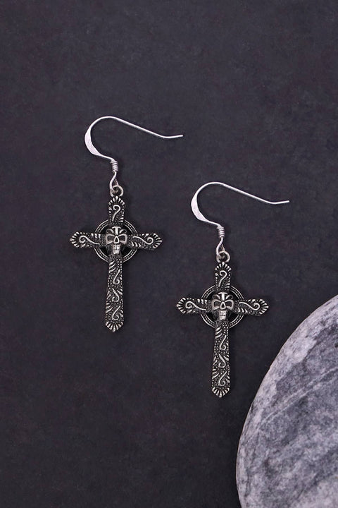 Sterling Silver Celtic Cross Drop Earrings - SS