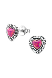 Sterling Silver Heart Ear Studs With Opal - SS