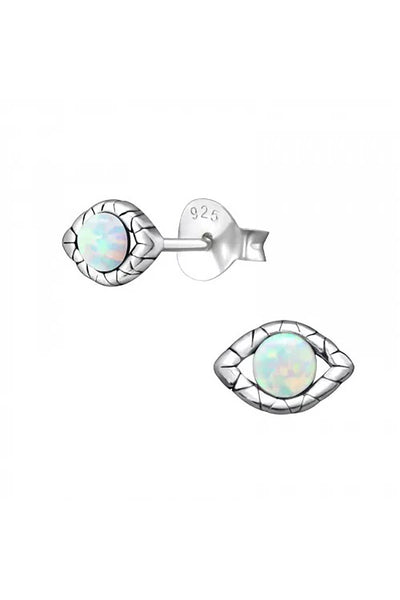 Sterling Silver Evil Eye Ear Studs With Synthetic Opal - SS