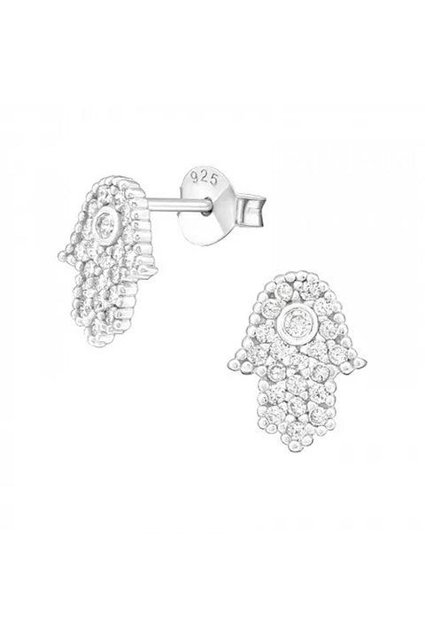 Sterling Silver Hamsa Ear Studs With Cubic Zirconia - SS