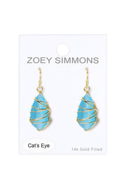 Blue Cat's Eye Wire Wrapped Drop Earrings - GF
