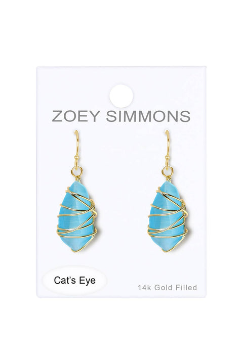 Blue Cat's Eye Wire Wrapped Drop Earrings - GF