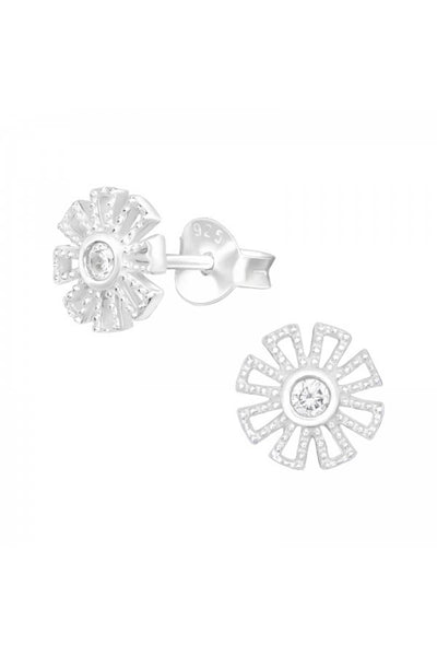Sterling Silver Flower Ear Studs With Cubic Zirconia - SS