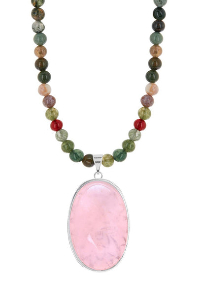 Mixed Jasper Beads Necklace With Rose Quartz Pendant - SF
