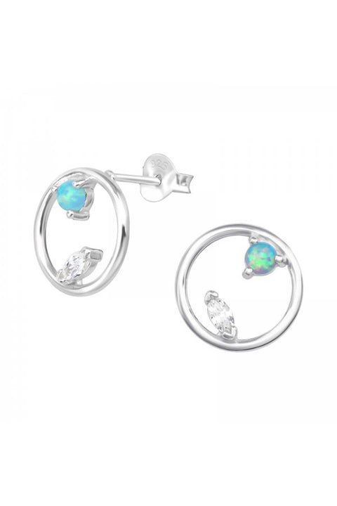 Sterling Silver Circle Ear Studs With CZ and Opal - SS