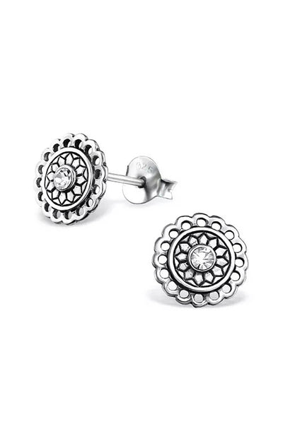 Sterling Silver Bali Round Ear Studs With Crystal - SS