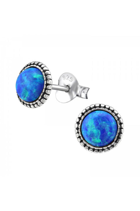 Sterling Silver Round Ear Studs With Opal - SS