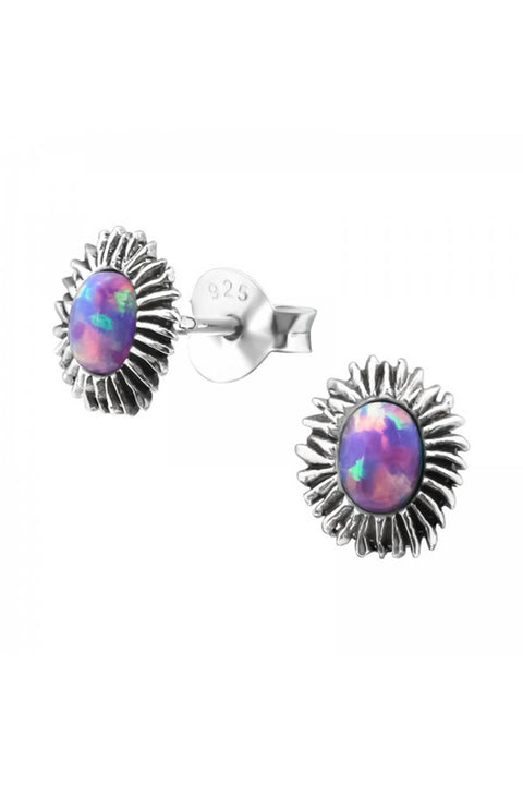 Sterling Silver Flower Ear Studs With Opal - SS