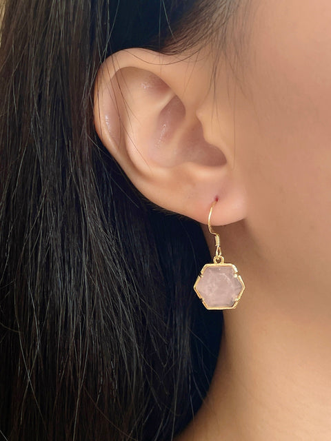 Rose Quartz Hexagon Drop Earrings - GF