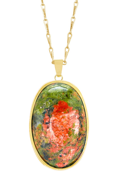 Unakite Cabochon Pendant Necklace - GF