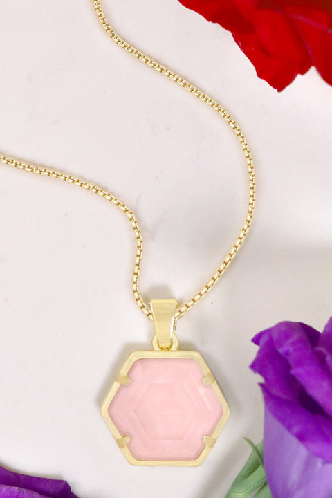 Rose Quartz Hexagon Pendant Necklace - GF