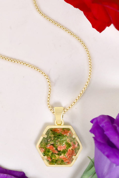 Unakite Hexagon Pendant Necklace - GF