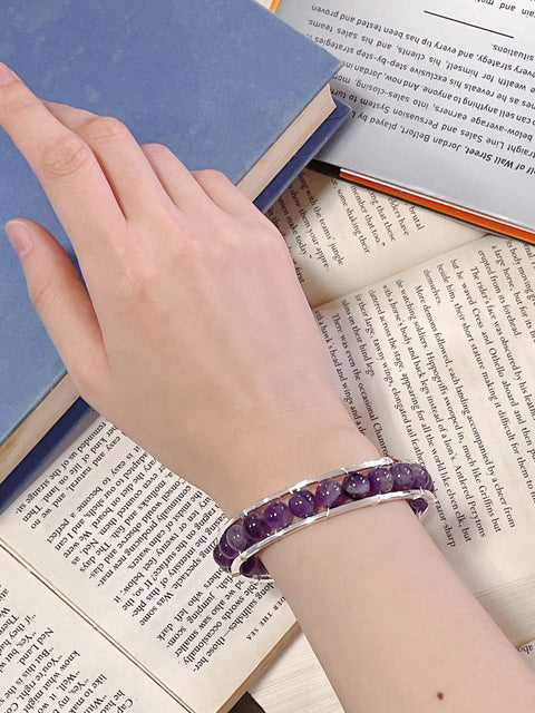 Amethyst Beaded Cuff Bracelet In Silver - SF