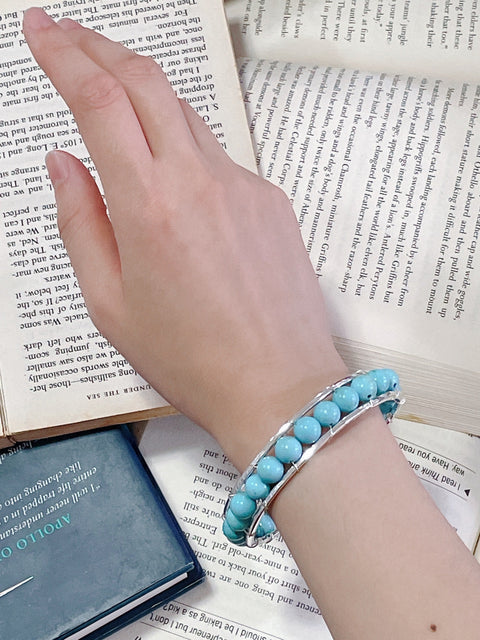 Turquoise Beaded Cuff Bracelet In Silver - SF