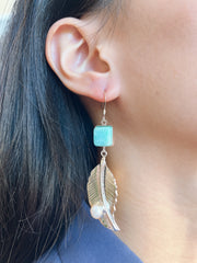 Amazonite With Pearl Feather Drop Earrings - SF