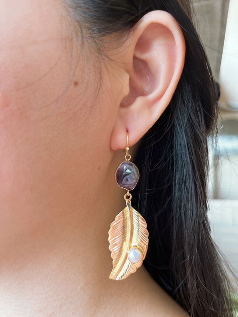 Amethyst & Pearl Feather Drop Earrings In Gold - GF