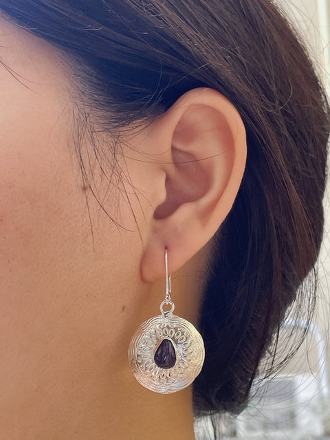 Amethyst Hammered Disc Drop Earrings - SF