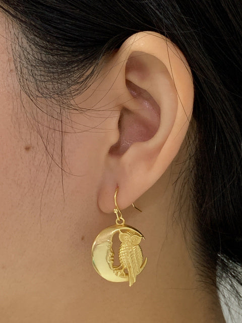 14k Gold Plated Moon & Owl Drop Earrings - GF