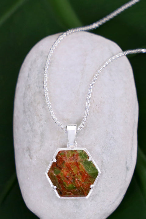 Unakite Hexagon Pendant Necklace - SF