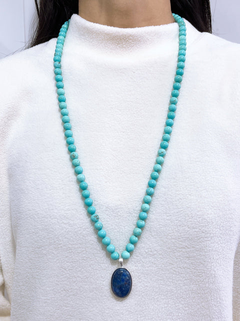 Turquoise Beads Necklace With Lapis Pendant - SF