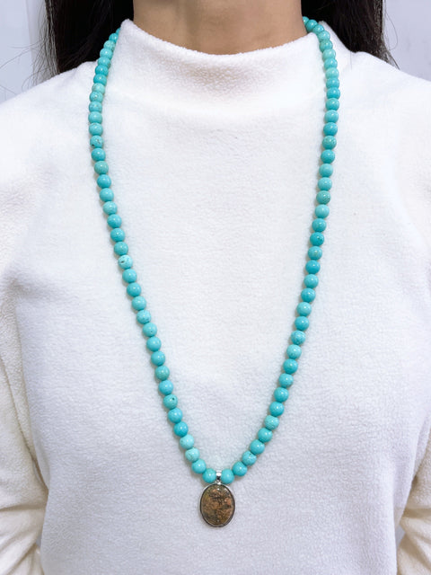 Turquoise Beads Necklace With Unakite Pendant - SF