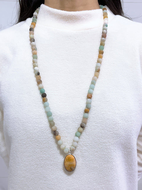 Amazonite Beads Necklace With Crazy Lace Agate Pendant - SF