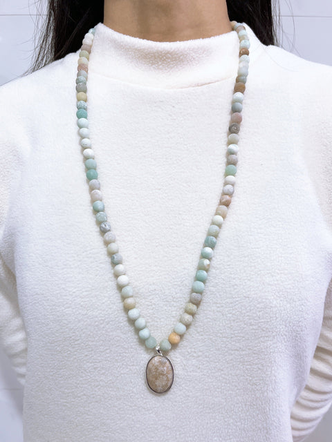 Amazonite Beads Necklace With Lily Fossil Pendant - SF