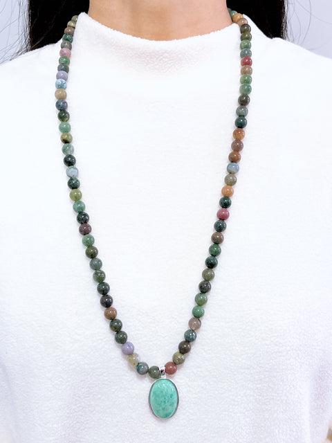 Mixed Jasper Beads Necklace With Amazonite Pendant - SF