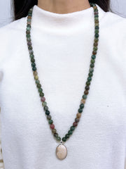 Mixed Jasper Beads Necklace With Lily Fossil Pendant - SF