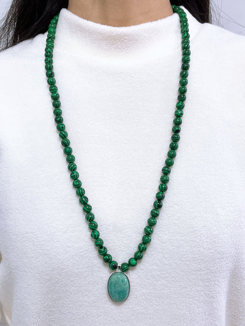 Malachite Beads Necklace With Amazonite Pendant - SF