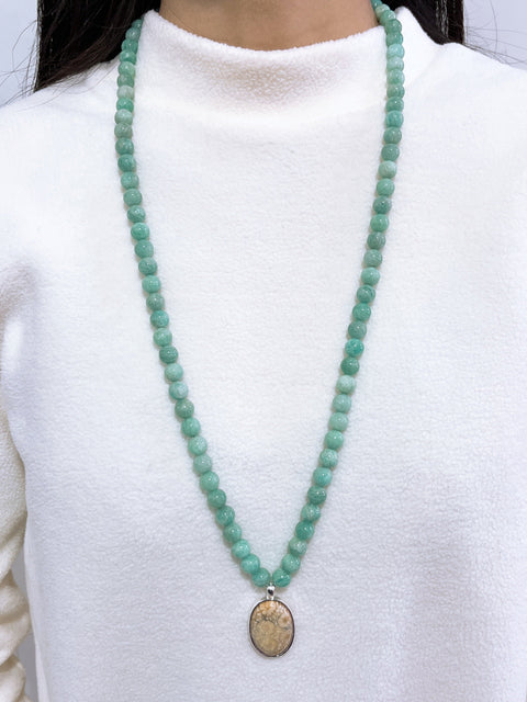 Amazonite Beads Necklace With Lily Fossil Pendant - SF